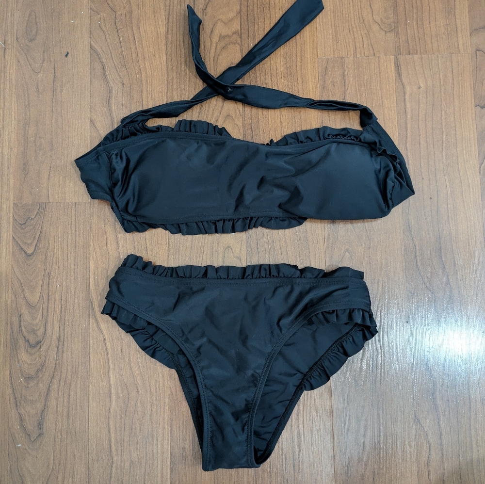 Black Ruffled Bikini Top And Bottom, Women's Small